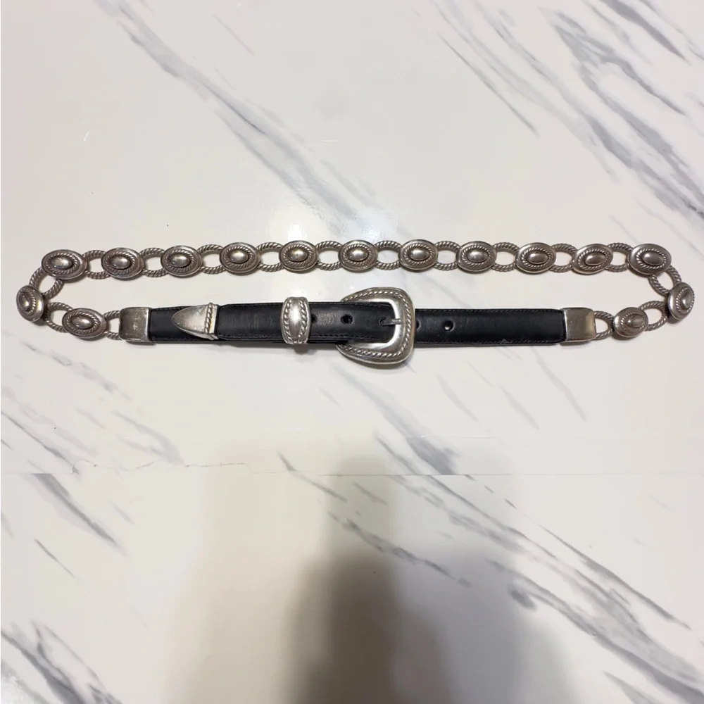BRIGHTON | Silver Plated Links Black Leather Vintage Belt Made In USA 1995 90’s